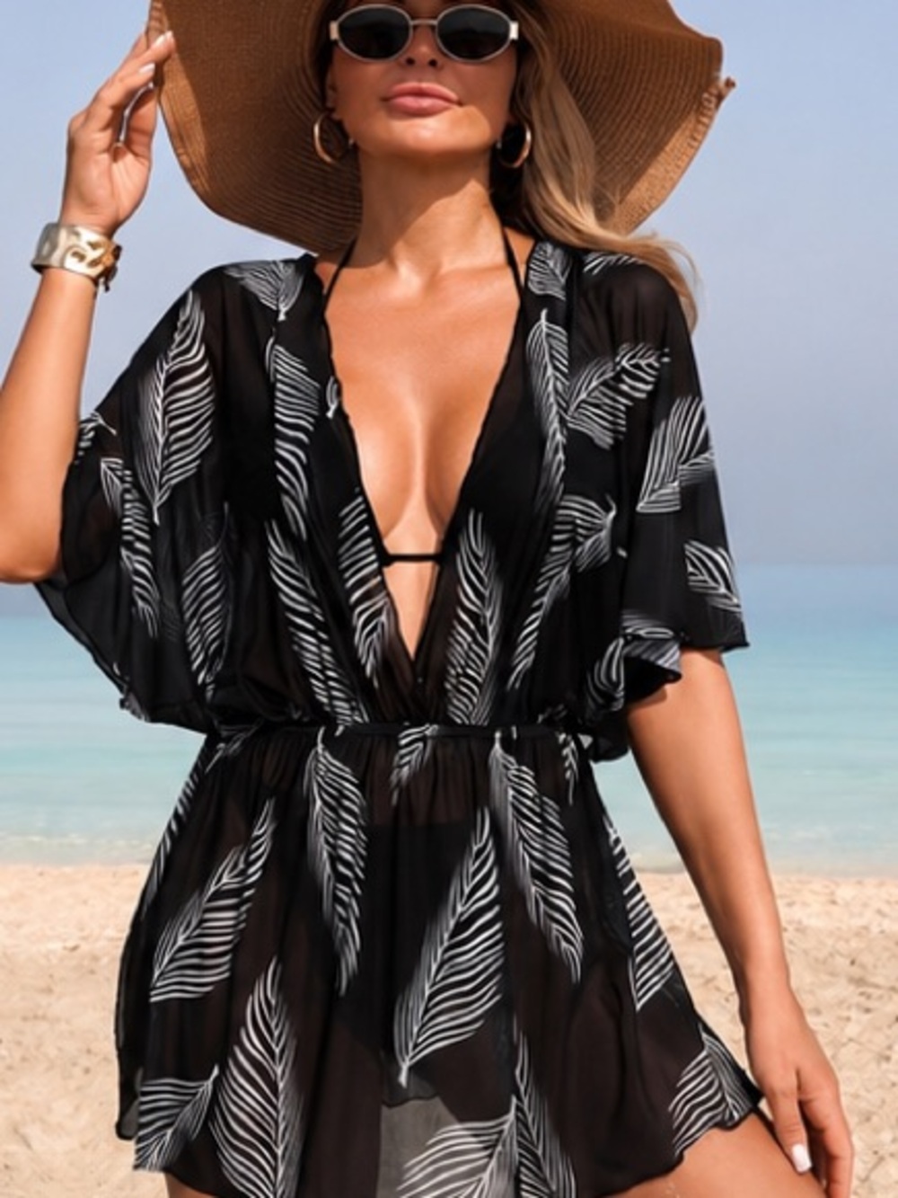 Black Palm Leaf Sheer Swimsuit Cover Up | Open Back Beach Dress